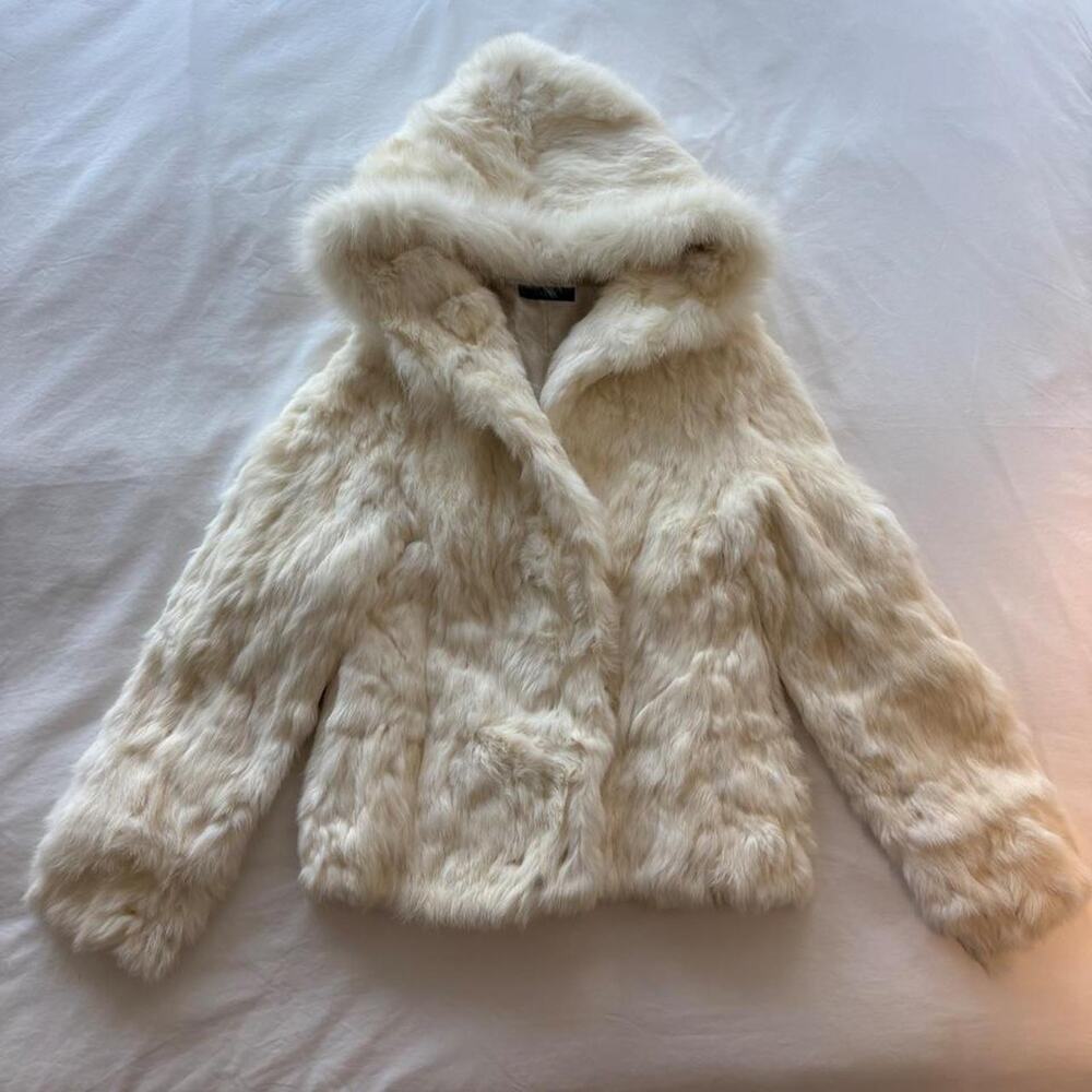 Ice plate cream real rabbit fur jacket with hood